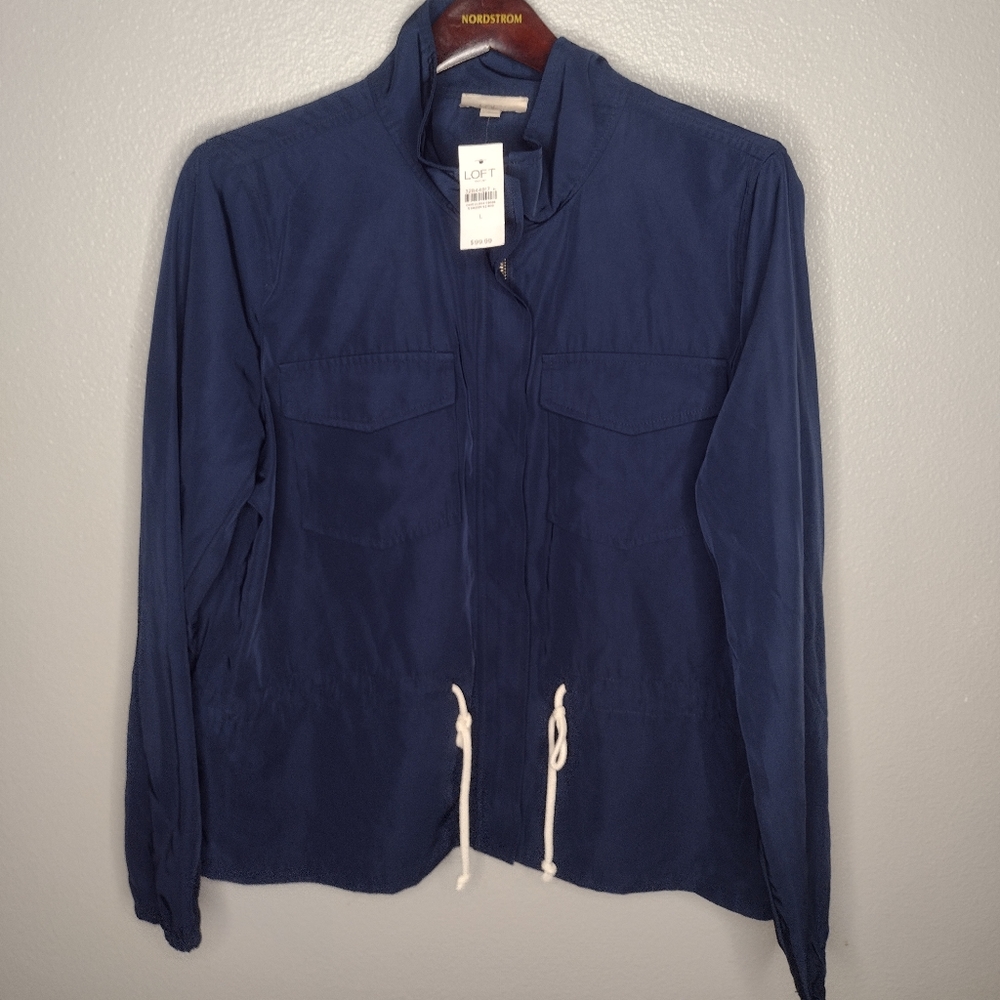 NWT Ann Taylor Loft Outlet Women's Jacket Large Navy Collar Zip Up Drawstring O